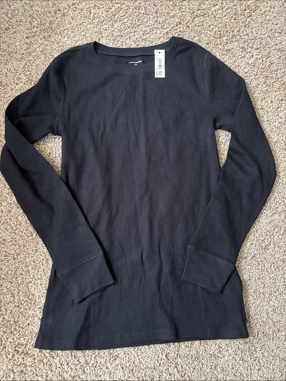 NEW Amazon Essentials Black Waffle Knit Crewneck Thermal Long Sleeve Pajama Top